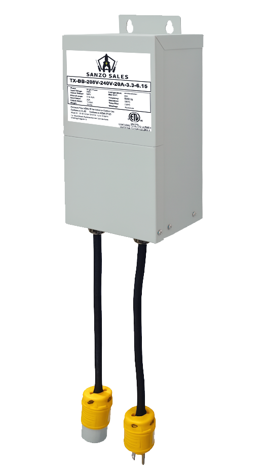 4.16 kVA Corded Step-Up Transformer, 208V → 240V, 20A Circuit, Single Phase, 8-FT Line In, 4-FT Line Out, NEMA 6-20