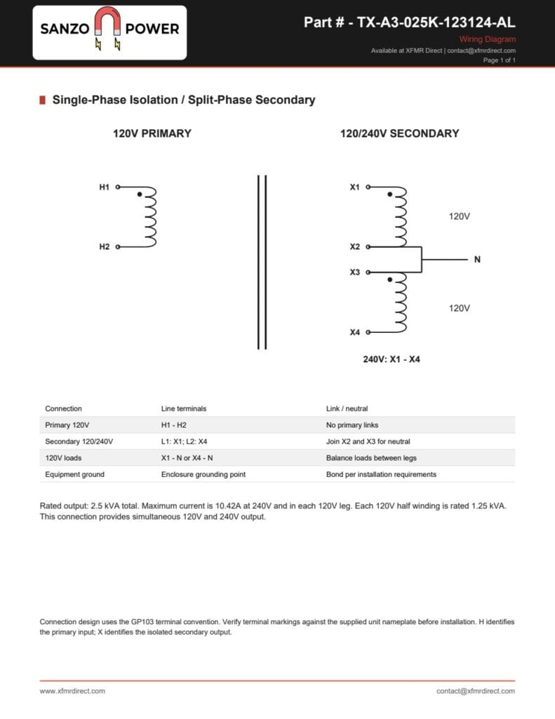 TX-A3-025K-123124-AL single-phase 120/240V wiring diagram