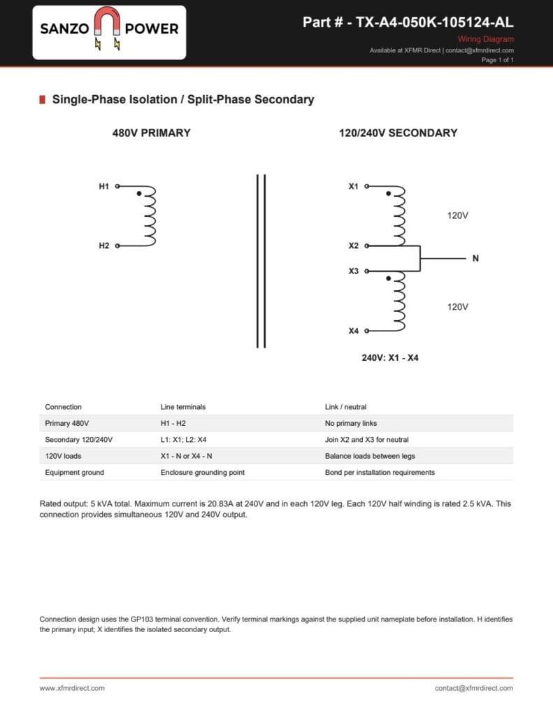 TX-A4-050K-105124-AL single-phase 120/240V wiring diagram